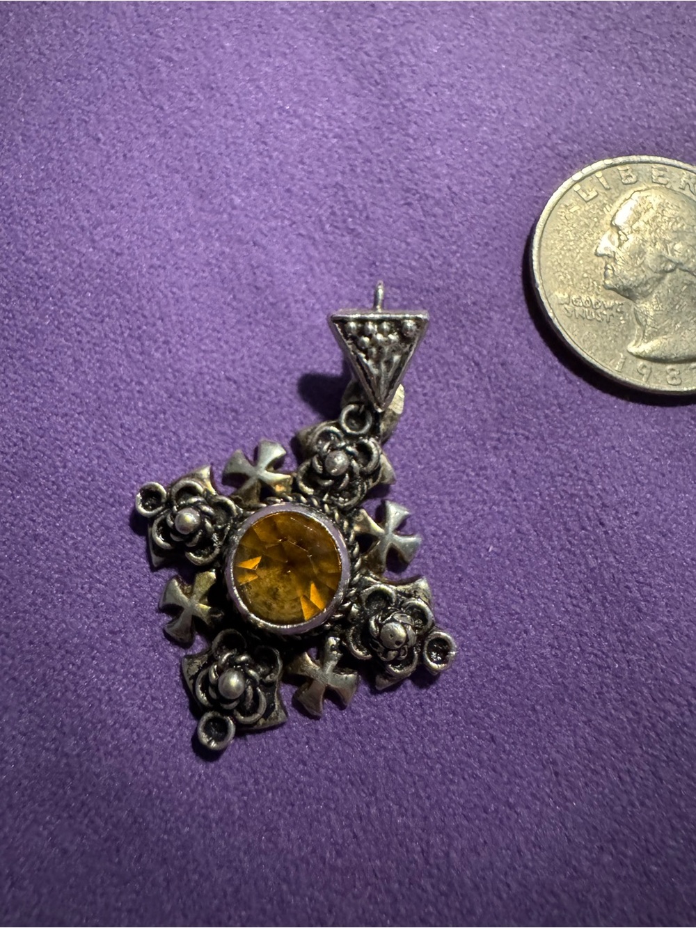 Vintage-Sterling Silver Floral Cross Pendant with Amber Stone